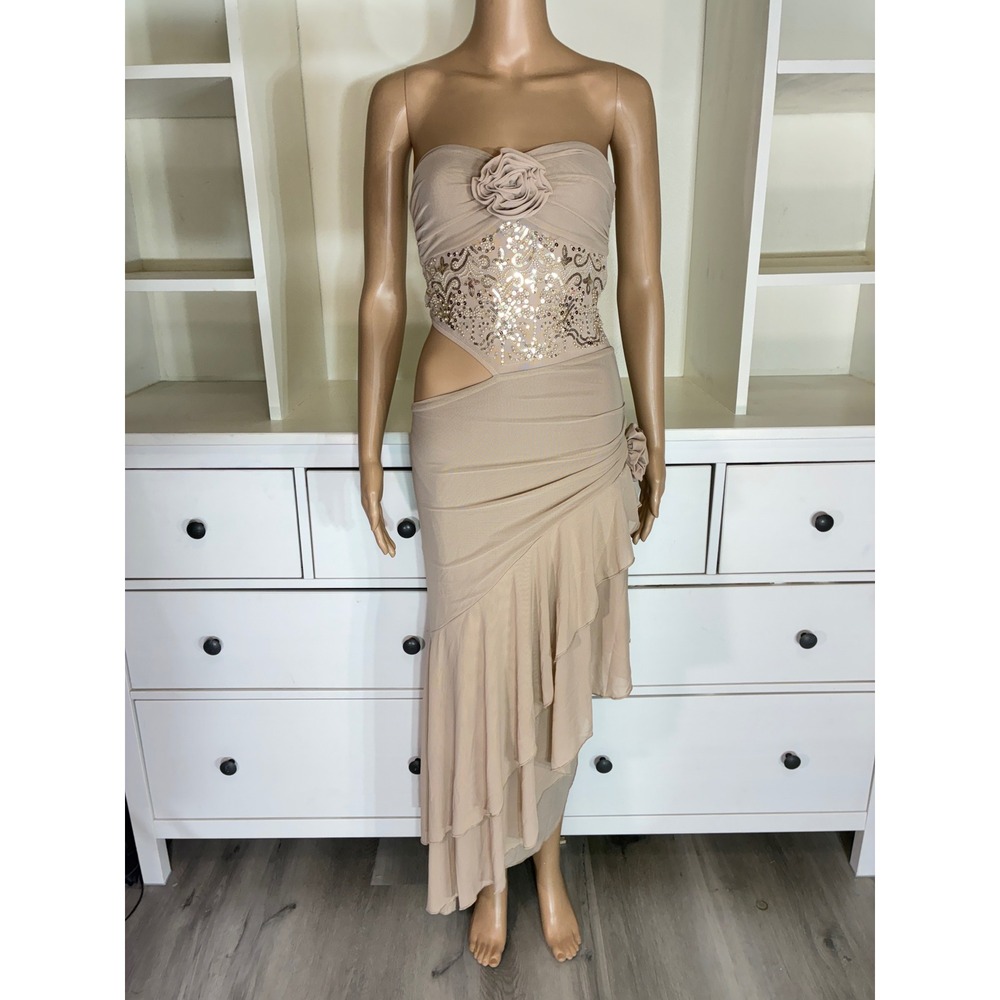Outcast Paisley Maxi Dress Women XS Beige Sequin Strapless Cut Out Ruffle